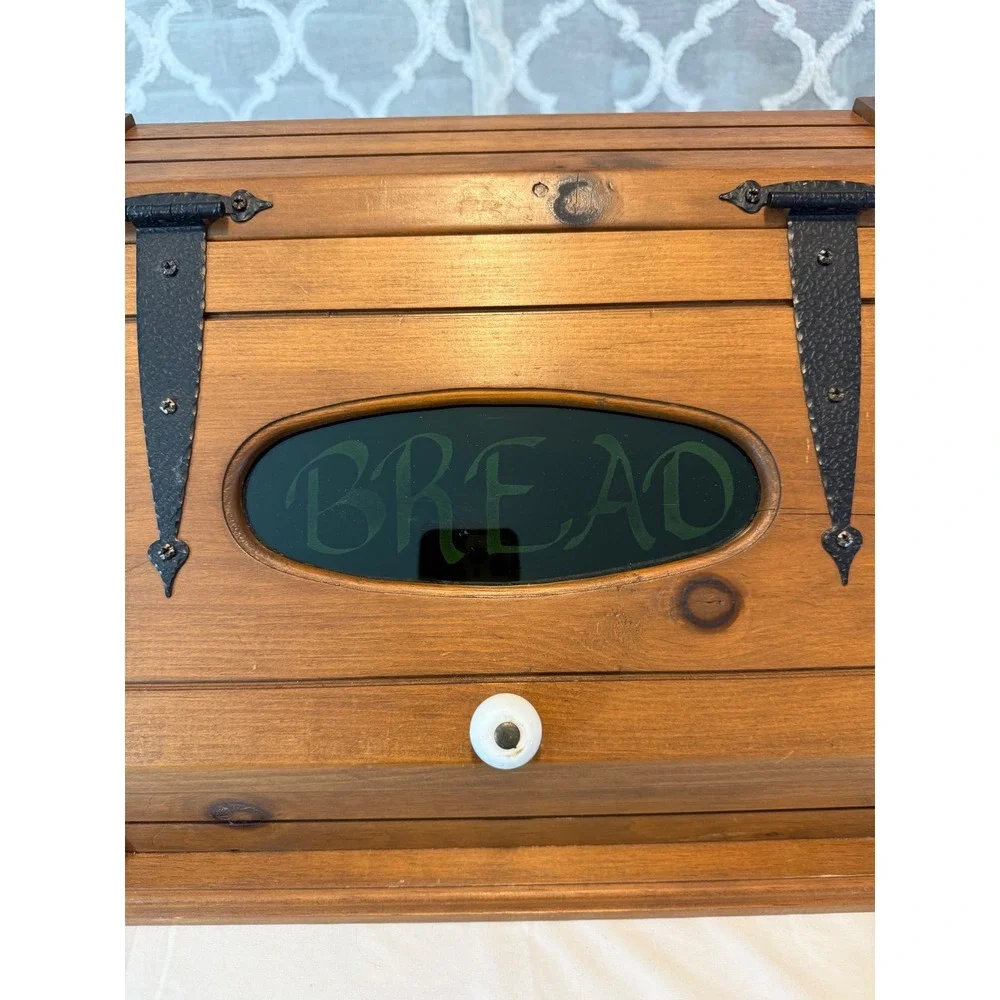 Vintage Wooden Bread Box Farmhouse, Cottagecore, Etched Glass - Nearly Perfect!